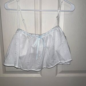 White Eyelet Crop Top with Blue Ribbon